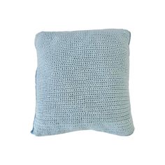 a light blue pillow with crochet pattern on the front and back, sitting on a white background