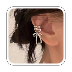 Ear Cuff Women, Kpop Earrings, Ballet Style, Ear Clips, Fake Piercing, Ballet Fashion, Ear Cuff Earings, Silver Bow, Bow Earrings