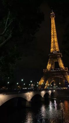 the eiffel tower lit up at night with lights reflecting in the water below