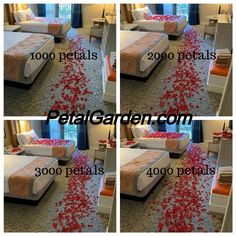 four pictures show the process of decorating a hotel room with petals on the floor