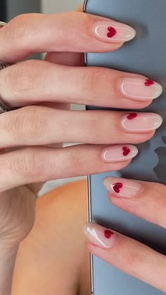 Valentines Nails On Short Nails, Nails Valentines Almond, Nail Inspo Almond Heart, Short Valentines Nails Almond, That Girl Nails Aesthetic, Cute Short Acrylic Nails Ideas Simple, Red Nails With Simple Design, Short Red Heart Nails, Nails 2024 Valentines