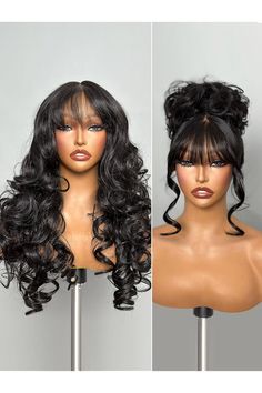 Black Wigs with Bang Body Wave Wig Long Natural Black Glueless Wavy Wig for Women Crafted with Style-Archiveâ„?Technology: Premium Fiber &amp; Remy Human Hair Blend, Realistic Look with True Scalp Black Wigs With Bangs, Bang Wigs For Black Women, Wigs With Bangs For Black Women, Wavy Wigs Black Women, Body Wave With Bangs, Body Wave Wig Hairstyles, Sew In With Bangs, Hairstyles For Black Women Cornrows, Black Women Cornrows