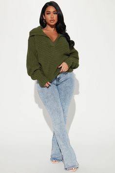 Available In Hunter And Oatmeal. Pullover Sweater Rib Knit Exaggerated Collar V Neck Long Sleeve Balloon Sleeve 100% Polyester Imported | Cozy Rib Knit Collar Polo Sweater in Hunter size 2X by Fashion Nova Black Women Essentials, Fall Outfit Baddie, Baddie Winter Fits Casual, Oversized Sweater With Boots, Mom Casual Outfits Fall, Oversized Sweater Outfit Black Women, Fashion Nova Winter Outfits, Winter Looks For Women Casual, Winter Ootd Women