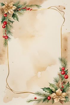 a watercolor christmas frame with holly and poinsettis on a beige background