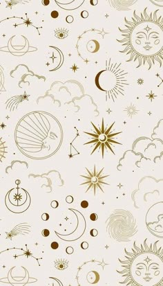 the sun, moon and stars are drawn in gold on white paper