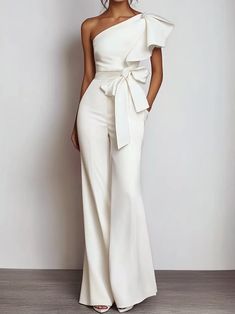 Urban White Off-the-shoulder Bow Jumpsuit Chic Jumpsuits For Women, Elegant White Jumpsuit For Formal Occasions, Elegant One-piece Jumpsuit For Work, Elegant One-piece Jumpsuits And Rompers For Work, White Fitted One-piece Jumpsuit, Fitted White One-piece Jumpsuit, White Fitted One-piece Jumpsuits And Rompers, White One-shoulder Jumpsuit For Evening, White Fitted One-shoulder Jumpsuit