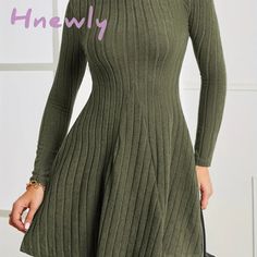 Hnewly Solid Ribbed Dress Casual Mock Neck Long Sleeve Women’s Clothing Green / S(4) Maternity Sweater Dress, Ripped Jeans Style, Ripped Jeans Women, Winter Care, Satin Shirts, Fairy Outfit, Mom Pants, Vintage Boho Dress, Mock Neck Long Sleeve