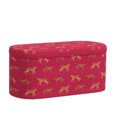 a pink and gold storage box with horses on it's sides, in front of a white background