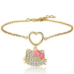 Add a touch of charm and sparkle to your style with the Sanrio Hello Kitty Pave Heart Charm Bracelet. Adorned with dazzling pave crystals, this adorable bracelet combines whimsical design with elegant flair for a perfect accessory. Hello Kitty Bracelet, Girly Bracelets, Sanrio Accessories, Hello Kitty Makeup, Hello Kitty Jewelry, Kitty Accessories, Hello Kitty Accessories, Hello Kitty Christmas, Gold Charm Bracelet