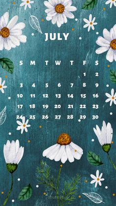 a calendar with white daisies and leaves on the cover is painted in blue tones