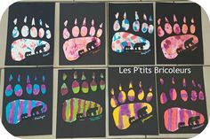 four pictures of different colored footprints with the words les petits bricoleurs written on them