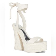 New / Never Worn Off White High Heel Sandal Leather Upper With Rubber Sole Braided Straw Midsole Ankle Wrap With Tie Closure Round Toe With Angled Block Heel Approx 140mm/ 5.5 Inch Heel #Summerheels #Sandals #Whiteparty #Springwardrobe #Summerstyle #Resortwear Elegant Synthetic Lace-up Sandals For Summer, Chic Synthetic Lace-up Sandals For Vacation, Chic Summer Platform Lace-up Sandals, Beach High Heel Lace-up Synthetic Sandals, Elegant High Heel Lace-up Sandals For Vacation, Synthetic Wedge Heel Lace-up Sandals, Elegant Lace-up Sandals For Summer, Platform Lace-up Sandals For Vacation, Synthetic Platform Lace-up Sandals For Vacation