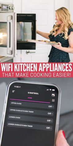 a woman is cooking in the kitchen while looking at her cell phone with text overlay that reads, wifi kitchen appliances that make cooking easier