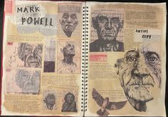 an open book with drawings on it and words written in the pages that read mark powell