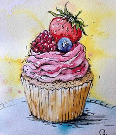 a painting of a cupcake with strawberries and blueberries on top