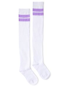 Add some fun style to any outfit with these white purple stripe over the knee socks! These fun socks are sure to get noticed wherever you wear them. Material: Polyester, spandex Care: Machine wash Imported Fendi Socks, Purple Socks, Slouch Socks, Spencers Gifts, Callus Remover, Fun Socks, Over The Knee Socks, Black Horse, Cute Socks