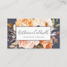 business card with watercolor roses and leaves