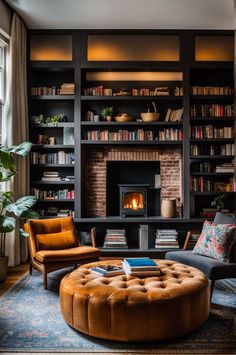 a living room filled with furniture and a fire place in the middle of bookshelves