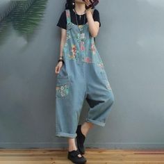 Comfortable, One of Kind. Overalls online shop,|Street|Denim|Printed|Full Length|Button|Pullover|Loose|Female|Light Blue|Dark Blue|One Size|Summer|Hand Wash Casual Relaxed Fit Overalls With Buttons, Casual Cotton Overalls With Buttons, Loose Overalls Outfit, Ripped Overalls, 90s Overalls, Strap Jeans, Red Overalls, Loose Overalls, Shop Street