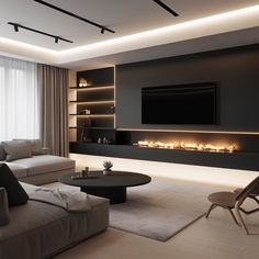 modern living room with fireplace and large screen tv on the wall, white carpeted flooring