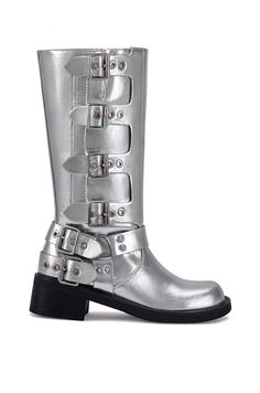 side view of mid calf length metallic silver faux leather boots with a rounded toe, small block heel, and silver buckle design going up the shoe Silver Outfit, Coachella 2024, Combat Boot Outfit, Calf Length Boots, Silver Outfits, Festival Outfits Rave, Silver Boots, Outfits Rave, City Fashion