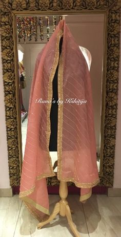 Pure Organza Zardozi Dupatta. It is beautifuk pure organza silk dupatta with fine rich zardozi design on all four sides. The fine cutdana lines run diagonally all over the dupatta adding spark and a pretty glow to the dupatta. Product Highlights for Pure Organza Zardozi Dupatta: Fabric: Pure organza Color: Pink Embroidery: Zardozi and Cutdana... Embroidery Zardozi, Bridal Dupatta, Designer Bridal Lehenga, Pink Embroidery, Embroidery Suits Design, Suits Design, Organza Dupatta, Organza Saree