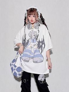 This price is for a T-shirt only, others are not included. Oversized Crew Neck Top With Anime Print, Casual Oversized Tops With Anime Print, Spring Anime Print Short Sleeve T-shirt, Oversized Cotton T-shirt With Anime Print, Oversized Anime Print Top For Streetwear, Harajuku Short Sleeve Streetwear Top, Harajuku Short Sleeve Tops For Streetwear, Harajuku Style Short Sleeve Streetwear Top, White Harajuku Style Cotton T-shirt