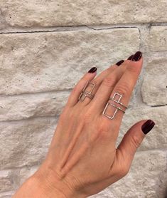 "Dainty double band geometric ring, women's asymmetric square ring, delicate silver geo ring, open square ring, girlfriend gift, mothers gift Welcome to my shop! ✈️ DHL EXPRESS SHIPPING AVAILABLE, 1-3 BUSINESS DAYS DELIVERY! ✔️ PLEASE MAKE SURE TO SELECT IT, RIGHT BEFORE YOUR PURCHASE! ❗️ ❗️ DON'T FORGET TO ADD YOUR CELL # AT THE \"NOTE TO SELLER\" SECTION IF YOU CHOOSE DHL! BY FILLING YOUR CELL NUMBER YOU EARN THE BENEFIT TO CHOOSE BETWEEN 6 DIFFERENT DELIVERY OPTIONS! INSTRUCTIONS WILL BE SENT Trendy Open Midi Rings In Metal, Modern Adjustable Rings For Party, Modern Adjustable Party Rings, Trendy Stackable Open Metal Rings, Trendy Open Ring For Party, Trendy Stackable Open Band Rings, Nickel Free Adjustable Rings For Parties, Trendy Metal Midi Rings For Party, Adjustable Nickel-free Rings For Party