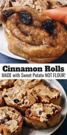 cinnamon rolls made with sweet potato not flour and topped with raisins are the perfect snack