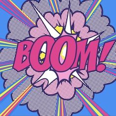 the word boom written in pink and yellow on a blue background with colorful rays around it