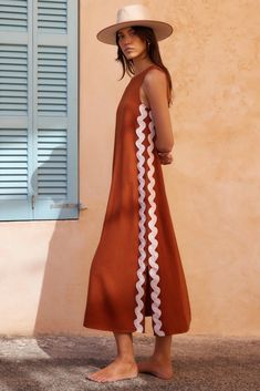 Margot Dress In Copper Ric Rac – Mister Zimi Textured Fabric Dress, Dress Design Ideas, Mister Zimi, Trims Fashion, Sets Summer, Ric Rac, Dress Silhouette, Kurta Designs, Midi Maxi Dress