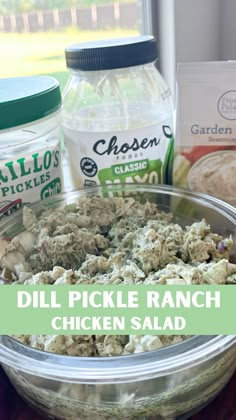 the ingredients to make dill pickle ranch chicken salad