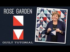 a woman holding up a piece of paper with the words rose garden quilts on it