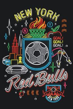 the new york red bulls logo on a black t - shirt with neon colors and lettering