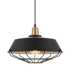 a black and gold pendant light hanging from a ceiling fixture with an iron cage design