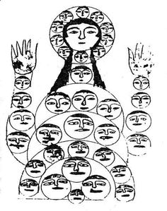 an old drawing with many faces and hands on it, in the center is a woman's head