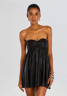 Enhance your soiree style with our Kaiser Dress. This strapless mini piece features a pleated bodice, coordinating skirt, and a bright metallic finish. Shown here in Black. 95% Polyester, 5% Spandex Made in China Model is 5'10" wearing size S Style No. FW22-5608 Expensive Cocktail Dress, Masquerade Mini Dress, Fun Short Dresses, Masquerade Sorority Formal, Strapless Black Mini Dress, Black Semi Formal Dresses, Cute Hoco Dresses Short, Turnabout Dresses, 25th Birthday Aesthetic