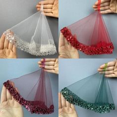 four pictures of different types of sequins on sheer fabric, each with a red ribbon