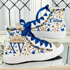 🌸 Step into your Sweet Sixteen or Quinceañera party with an air of elegance and panache, courtesy of our exquisite Flowers Style Custom Converse Shoes. These aren't your run-of-the-mill sneakers; they've undergone a regal transformation exclusively for your special birthday celebration. 🌸 Who says sneakers can't be both sophisticated and comfortable? Well, we're tossing that rulebook out the window! Our Converse shoes are tailor-made for dancing the night away without any foot-related concerns Sweet 16 Shoes, Quince Shoes, Sneakers Customized, Personalized Converse, Purple Tuxedo, Royal Blue Quince, Custom Converse Shoes, Quinceanera Shoes, Royal Blue Quinceanera