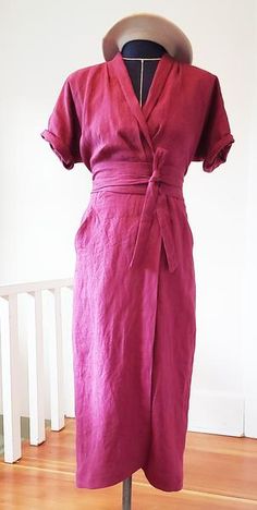 Diy Wrap Dress, Linen Dress Pattern, Wrap Dress Sewing Patterns, Kimono Wrap Dress, Look Boho Chic, Linen Wrap Dress, Linen Fashion