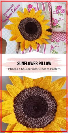 sunflower pillow with crochet pattern on the front and back sides, in two different colors