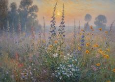 a painting of wildflowers in a field at sunset