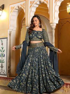 Rayon Blue & Grey Floral Print Lehenga Choli Set with Organza Dupatta Navratri Wedding Floral Print Sets, Floral Print Sets For Wedding And Navratri, Festive Floral Print Palazzo Set For Reception, Floral Print Wedding Sets For Navratri, Floral Wedding Sets For Navratri, Fitted Floral Print Sharara For Navratri, Designer Semi-stitched Choli With Floral Print, Designer Semi-stitched Floral Print Choli, Festive Floral Print Sets For Reception