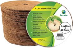 The 4 inch coir tree rings are made from 0.2 inches of thickly woven, self-bound sustainable coconut fiber which means they won't fall apart. The coco tree rings can be used as mulch mats, to control weed growth or as a plant cover. The biodegradable coir allows air, water and nutrients to permeate through, while suppressing weeds. They're light and easy to slip around a tree trunk or even smaller plants. For a larger center, just trim the weed control disc with a scissor. Size - 4 Inch Diameter Mulch Mat, Weed Barrier, Tree Ring, Plant Covers, Potted Trees