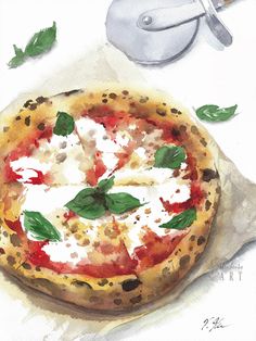 a watercolor painting of a pizza with cheese and basil leaves on the table top