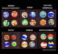 six different types of glass marbles with names