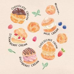 a drawing of different types of donuts and cremes on a piece of paper