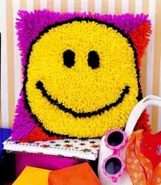 Wonderart Smiley Face Latch Hook Kit Smiley Face Pillows, Craft For All Ages, Locker Hooking, Latch Hook Rug Kits, Latch Hook Rug, Colorful Pillow, Hook Rug, Face Pillow, Latch Hook Rugs