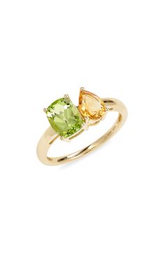 A dreamy duo of mixed-cut citrine and peridot adds an ethereal statement to this slender ring handcrafted from 14-karat gold. 14k gold/citrine/peridot   Imported   Certified member of the Responsible Jewellery Council (RJC), which sets standards for supply chain integrity and sustainability throughout the global jewelry and watch industries Peridot Ring Gold, Citrine Ring Engagement, Peridot Engagement Rings, Bony Levy, Citrine Jewelry, Peridot Jewelry, Simple Engagement Rings, Citrine Ring, Peridot Ring