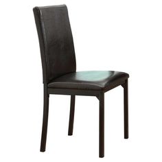 a black leather dining chair against a white background